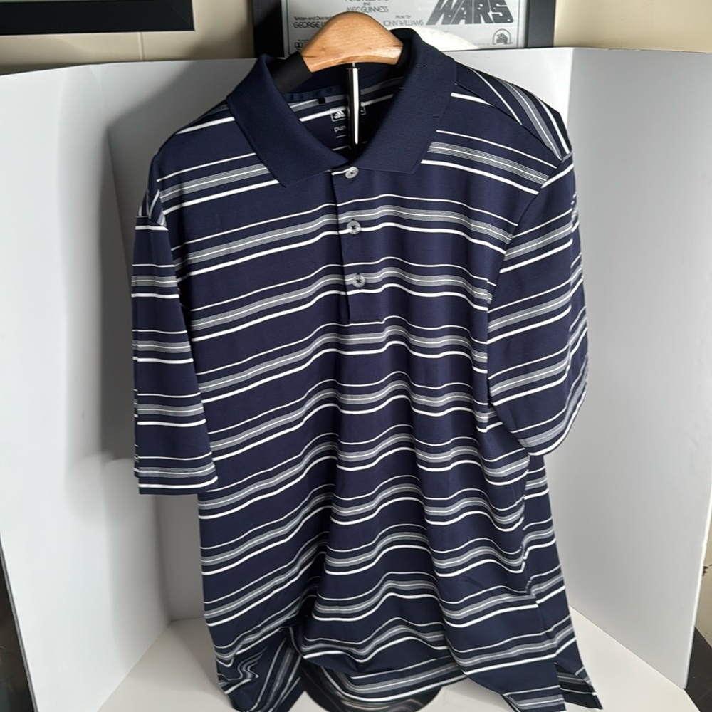 Adidas Golf Polo Shirt Mens M blue Striped Puremotion Performance